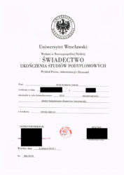 Świadectwo Ukończenia Studiów na kierunku Ekspertyza Dokumentów